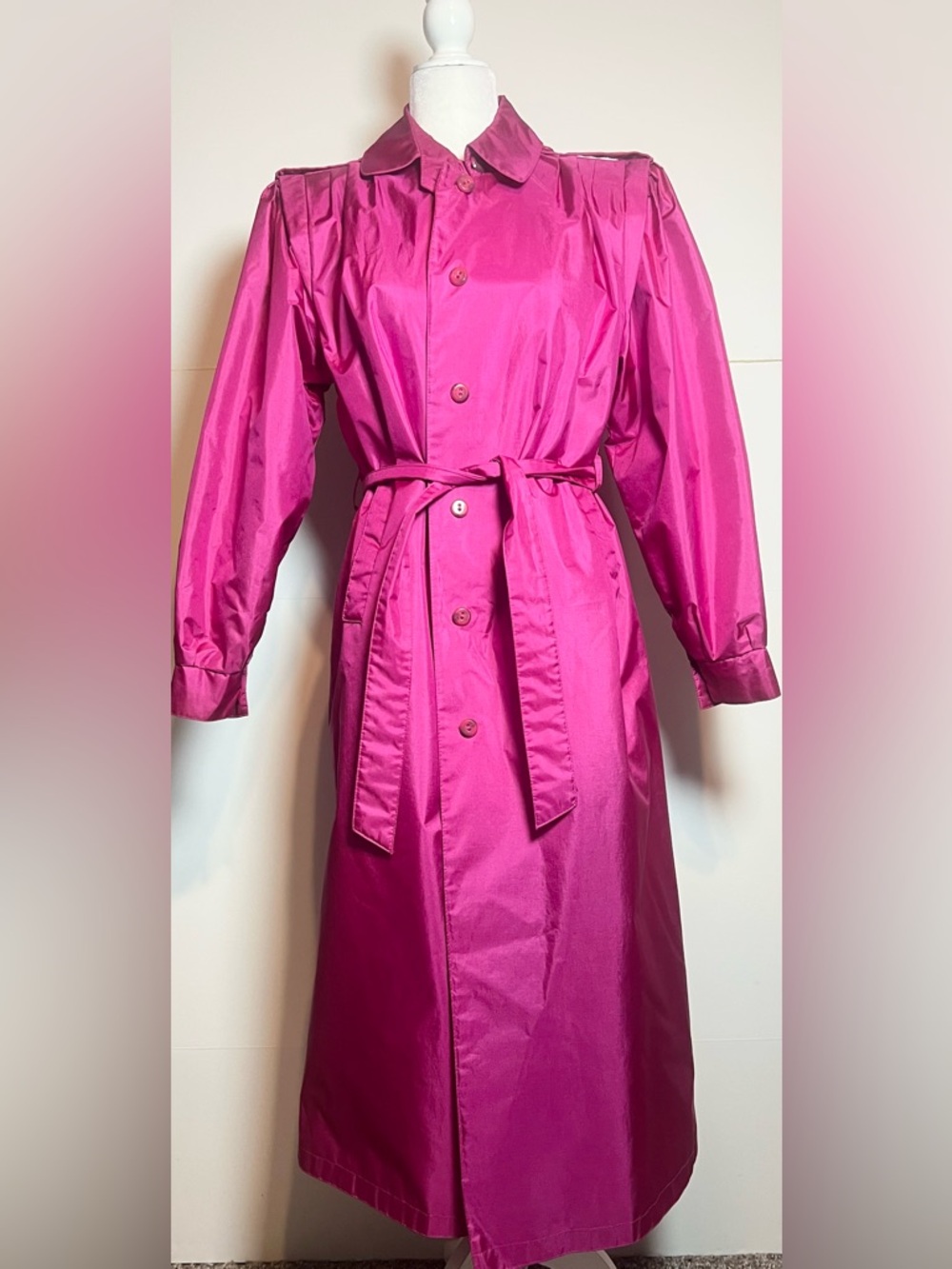 80s Vintage Pink Raincoat Belted Trench Coat Fuchsia Statement Outerwear